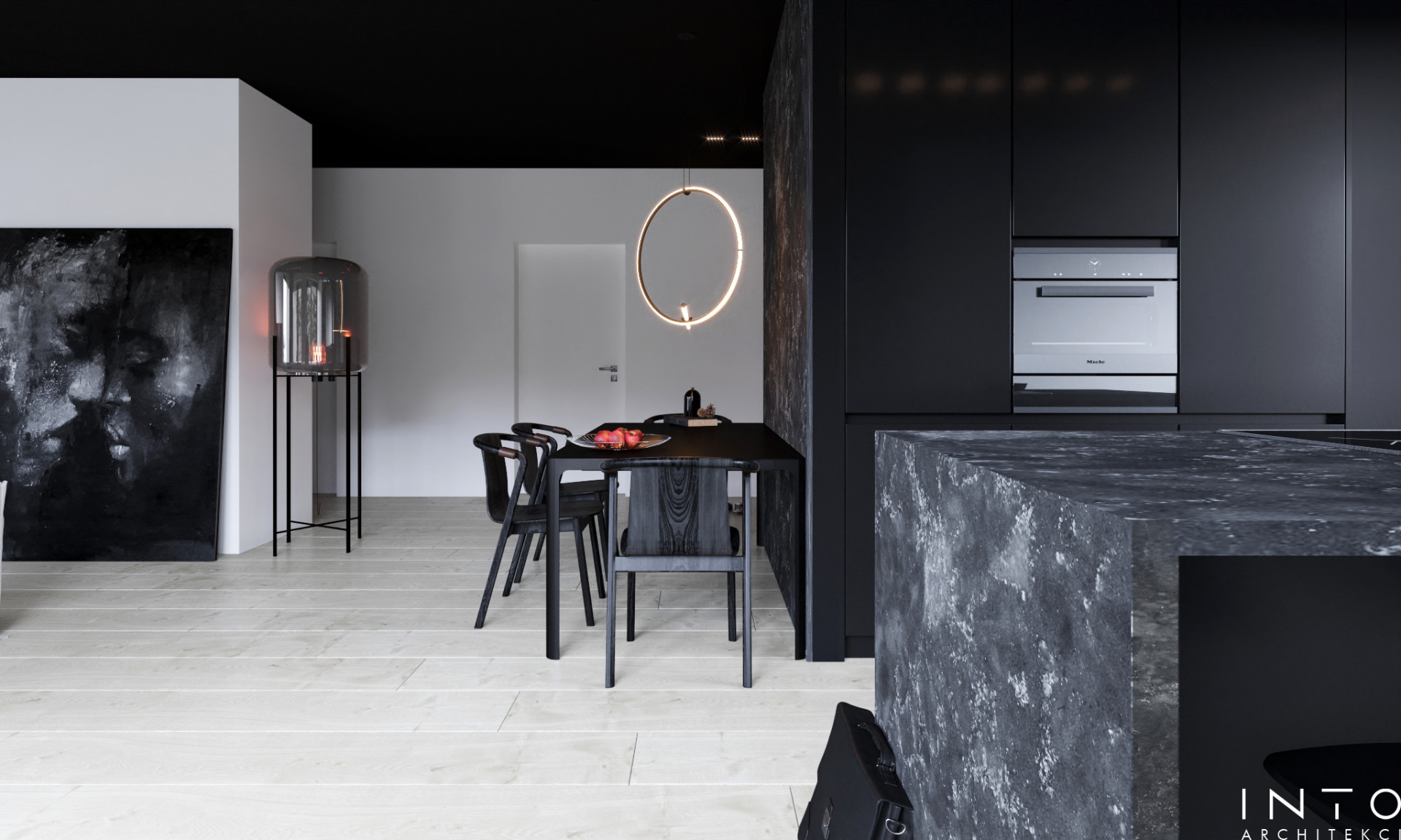 Wnętrza domu w Gdańsku z czarnym sufitem – nowoczesny projekt 360 m²