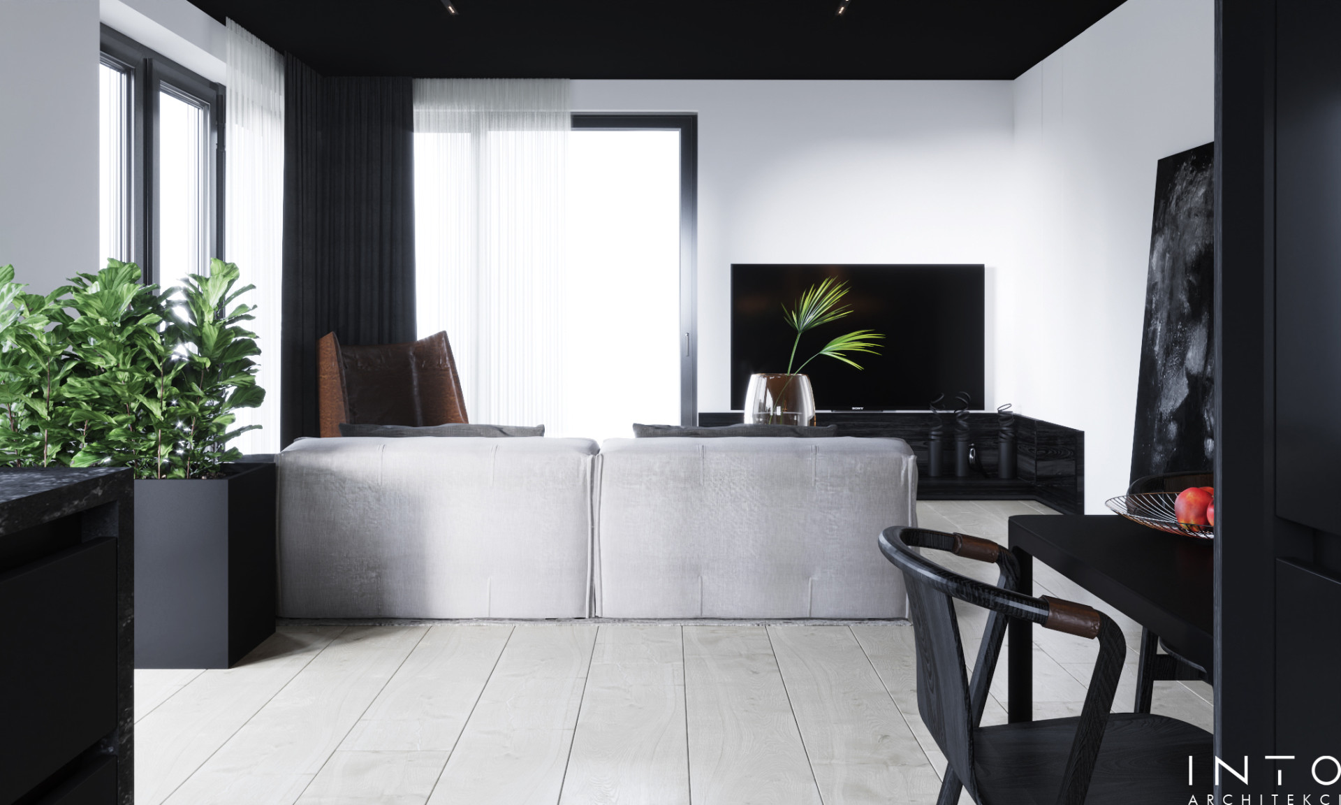 Wnętrza domu w Gdańsku z czarnym sufitem – nowoczesny projekt 360 m²