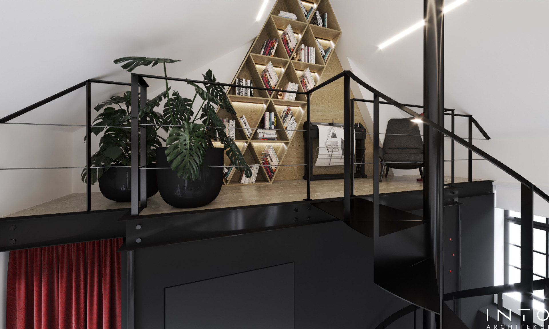 Projekt kameralnego biura z antresolą w Poznaniu – nowoczesne wnętrze 80 m²